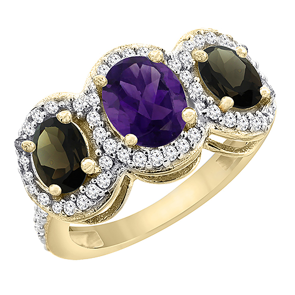 10K Yellow Gold Natural Amethyst & Smoky Topaz 3-Stone Ring Oval Diamond Accent, sizes 5 - 10