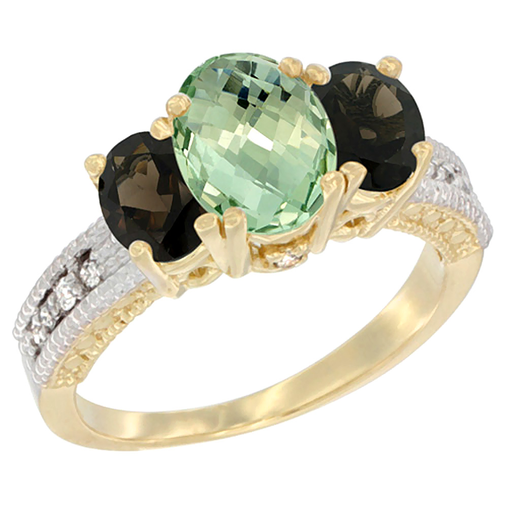14K Yellow Gold Diamond Natural Green Amethyst Ring Oval 3-stone with Smoky Topaz, sizes 5 - 10