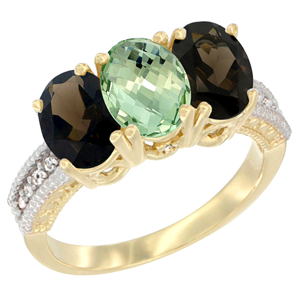 14K Yellow Gold Natural Green Amethyst & Smoky Topaz Ring 3-Stone 7x5 mm Oval Diamond Accent, sizes 5 - 10