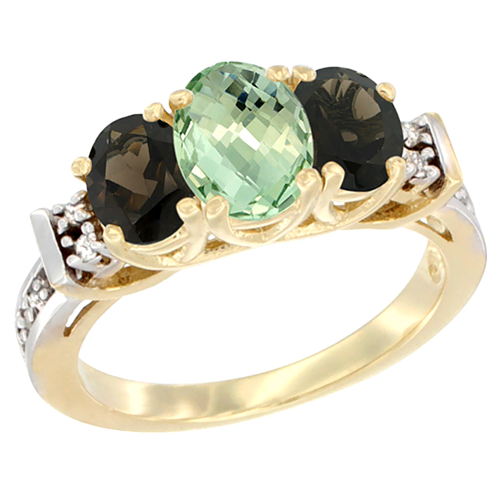 14K Yellow Gold Natural Green Amethyst & Smoky Topaz Ring 3-Stone Oval Diamond Accent