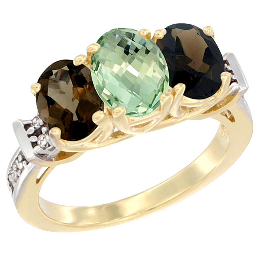 10K Yellow Gold Natural Green Amethyst & Smoky Topaz Sides Ring 3-Stone Oval Diamond Accent, sizes 5 - 10