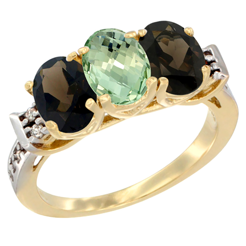 10K Yellow Gold Natural Green Amethyst & Smoky Topaz Sides Ring 3-Stone Oval 7x5 mm Diamond Accent, sizes 5 - 10