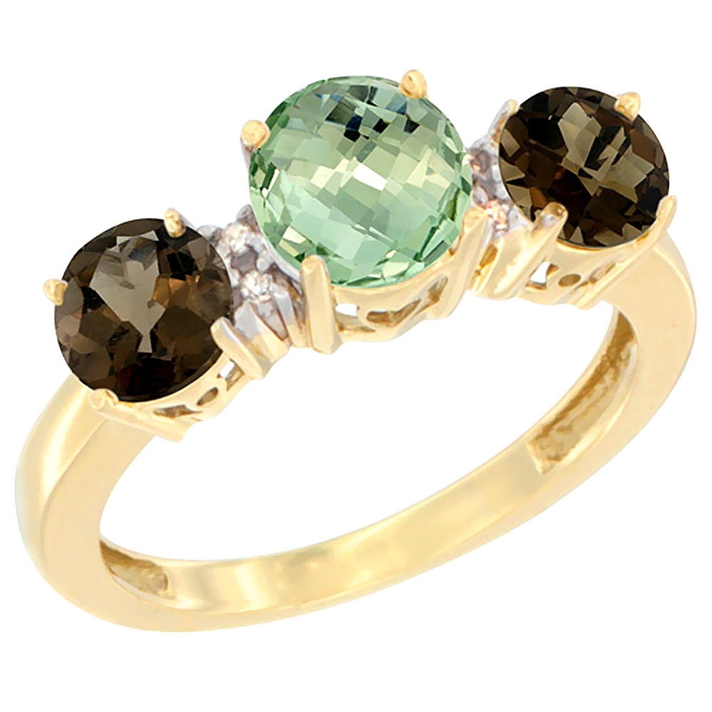 14K Yellow Gold Round 3-Stone Natural Green Amethyst Ring &amp; Smoky Topaz Sides Diamond Accent, sizes 5 - 10