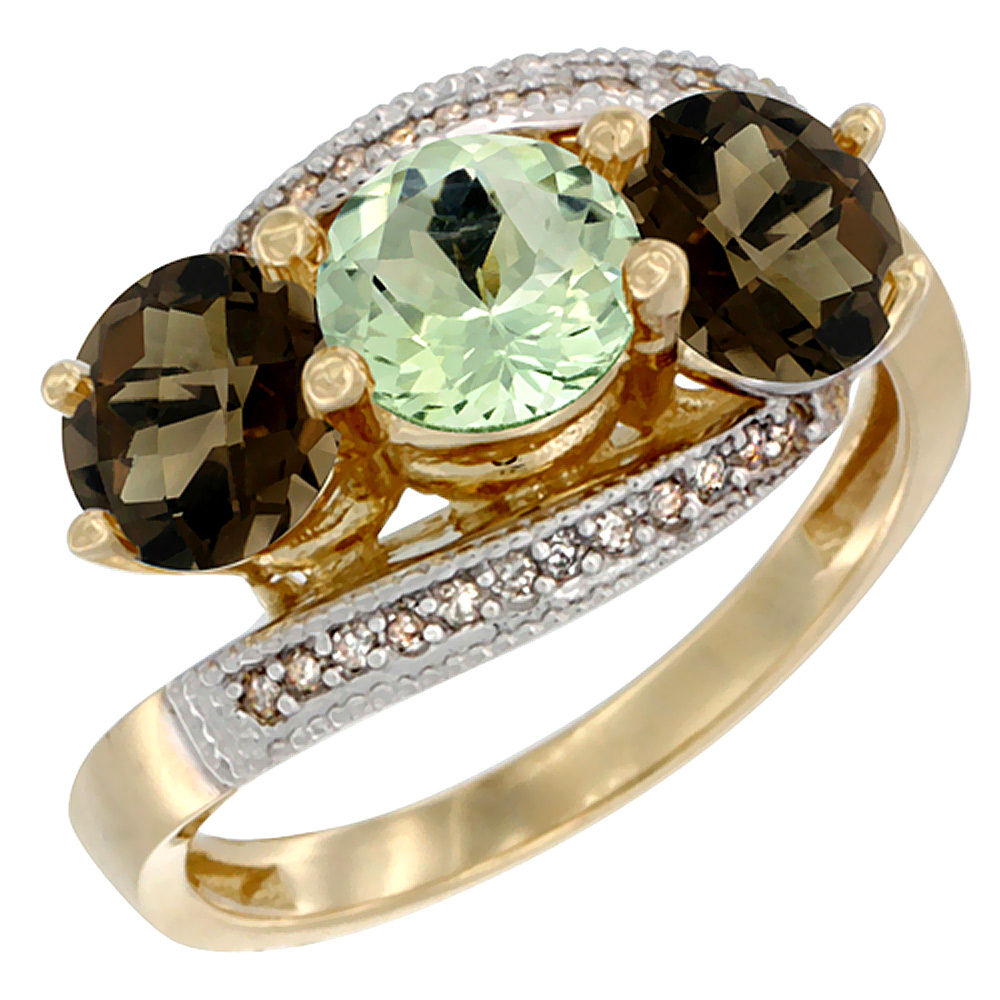 10K Yellow Gold Natural Green Amethyst & Smoky Topaz Sides 3 stone Ring Round 6mm Diamond Accent, sizes 5 - 10