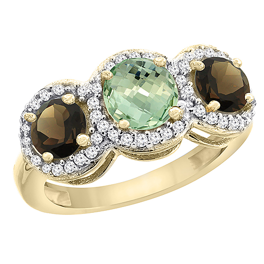 14K Yellow Gold Natural Green Amethyst & Smoky Topaz Sides Round 3-stone Ring Diamond Accents, sizes 5 - 10