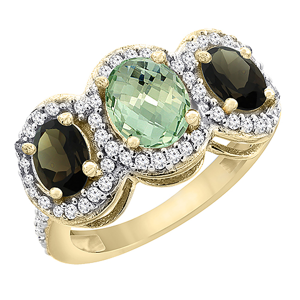 10K Yellow Gold Natural Green Amethyst &amp; Smoky Topaz 3-Stone Ring Oval Diamond Accent, sizes 5 - 10