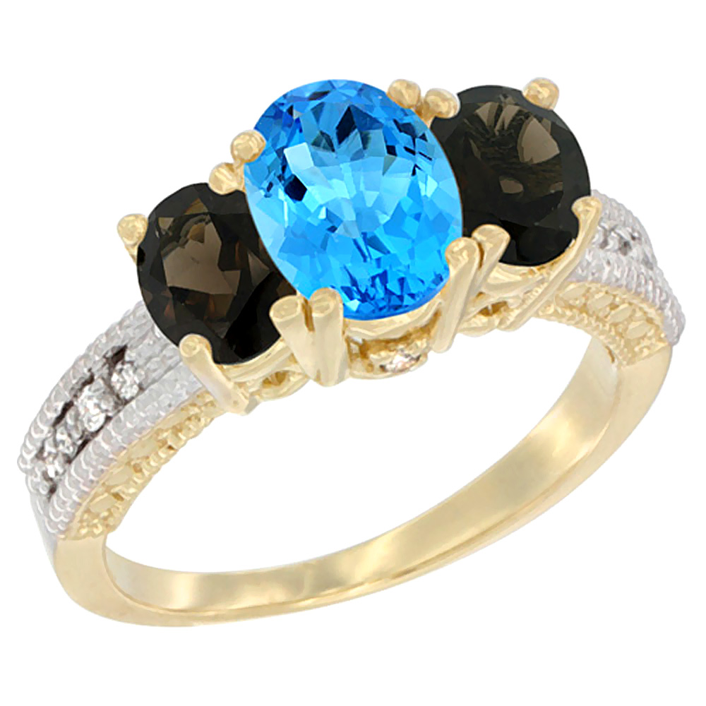 10K Yellow Gold Diamond Natural Swiss Blue Topaz Ring Oval 3-stone with Smoky Topaz, sizes 5 - 10