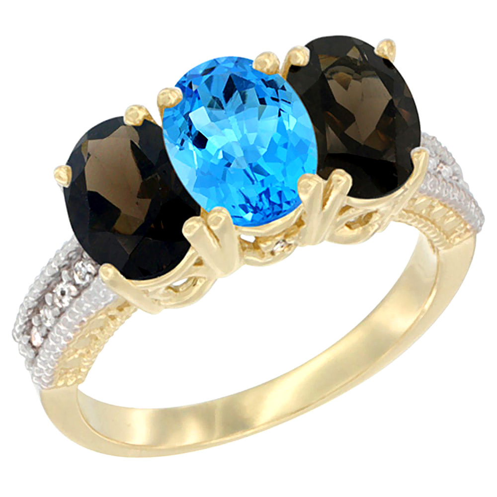 14K Yellow Gold Natural Swiss Blue Topaz &amp; Smoky Topaz Ring 3-Stone 7x5 mm Oval Diamond Accent, sizes 5 - 10
