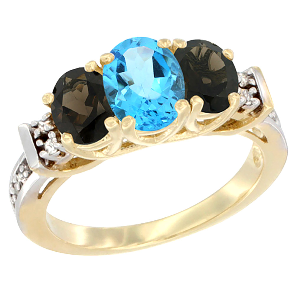 10K Yellow Gold Natural Swiss Blue Topaz &amp; Smoky Topaz Ring 3-Stone Oval Diamond Accent