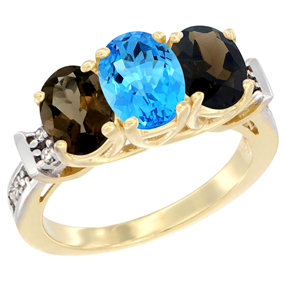 14K Yellow Gold Natural Swiss Blue Topaz &amp; Smoky Topaz Sides Ring 3-Stone Oval Diamond Accent, sizes 5 - 10