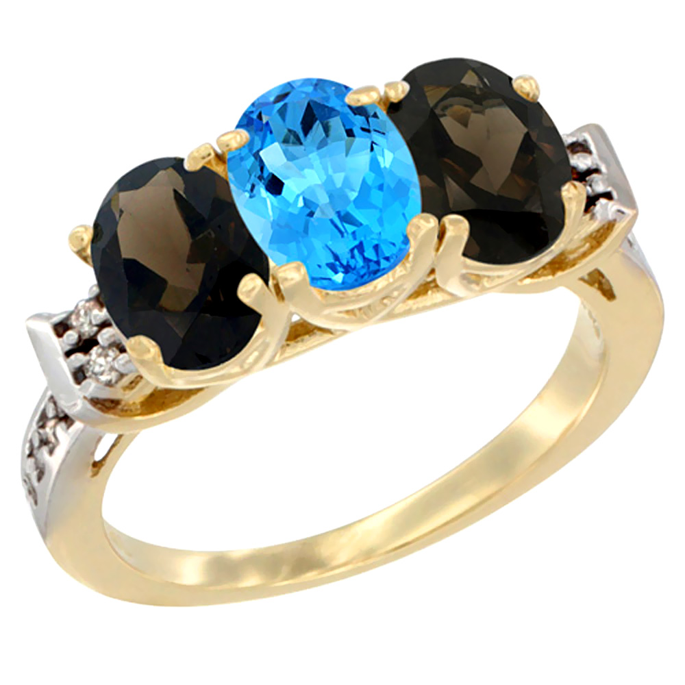 10K Yellow Gold Natural Swiss Blue Topaz & Smoky Topaz Sides Ring 3-Stone Oval 7x5 mm Diamond Accent, sizes 5 - 10