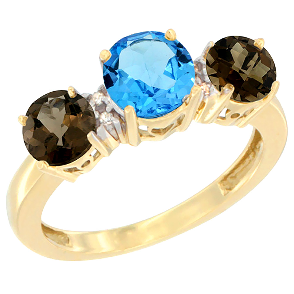 10K Yellow Gold Round 3-Stone Natural Swiss Blue Topaz Ring & Smoky Topaz Sides Diamond Accent, sizes 5 - 10