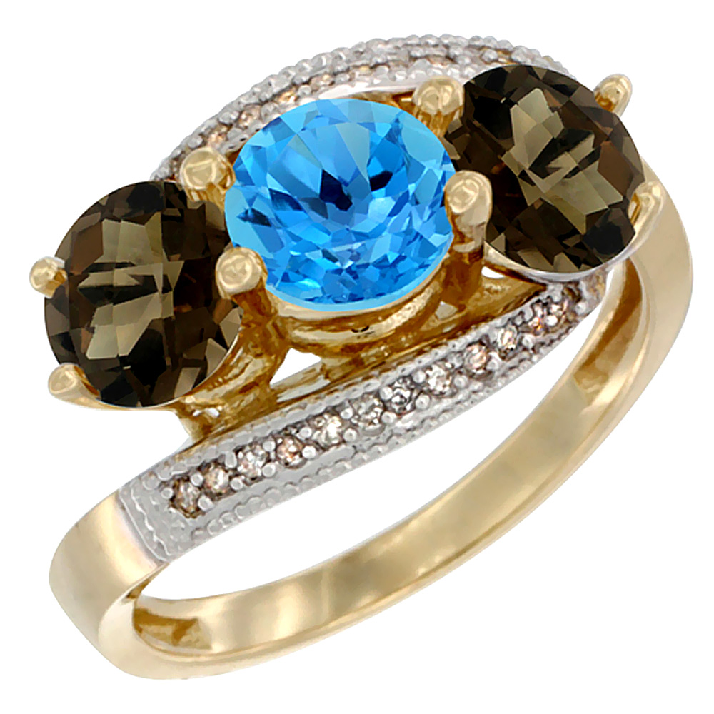14K Yellow Gold Natural Swiss Blue Topaz &amp; Smoky Topaz Sides 3 stone Ring Round 6mm Diamond Accent, sizes 5 - 10