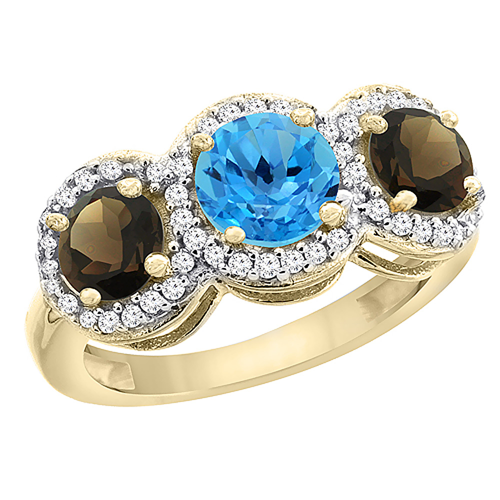 14K Yellow Gold Natural Swiss Blue Topaz &amp; Smoky Topaz Sides Round 3-stone Ring Diamond Accents, sizes 5 - 10