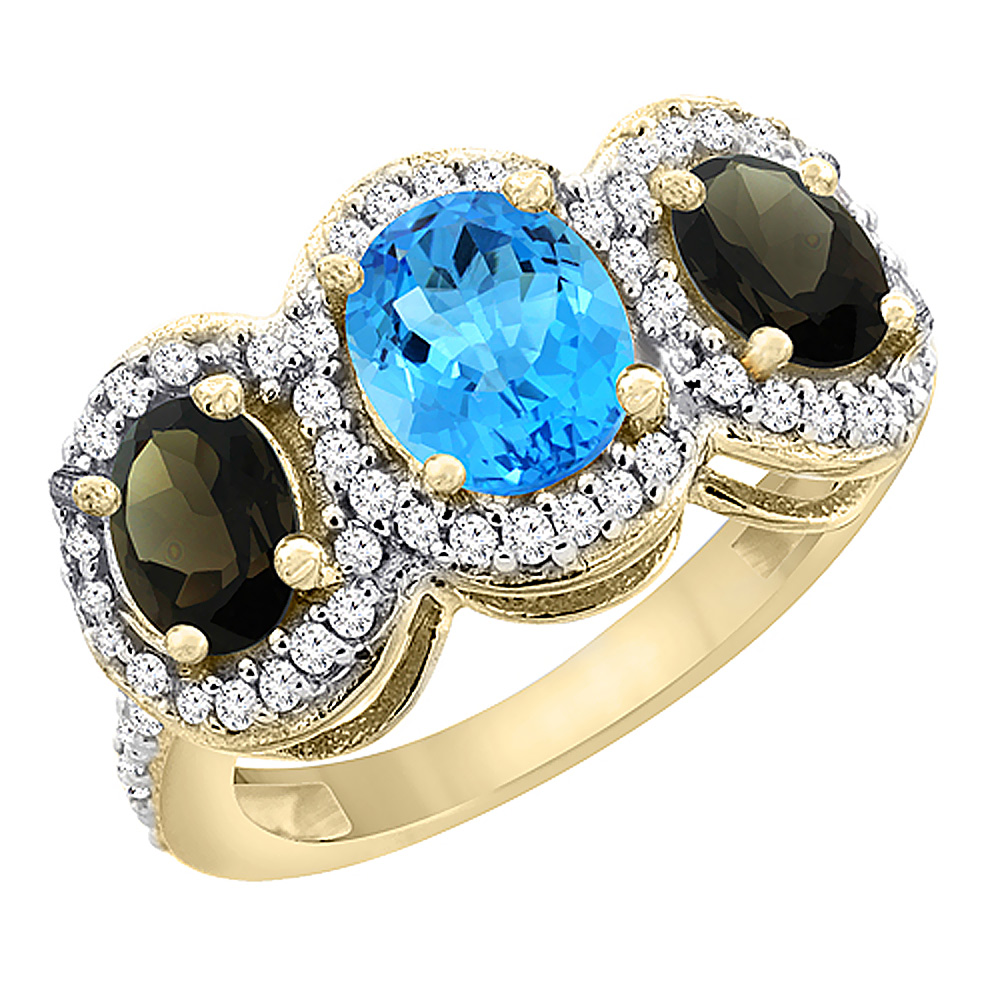 14K Yellow Gold Natural Swiss Blue Topaz & Smoky Topaz 3-Stone Ring Oval Diamond Accent, sizes 5 - 10