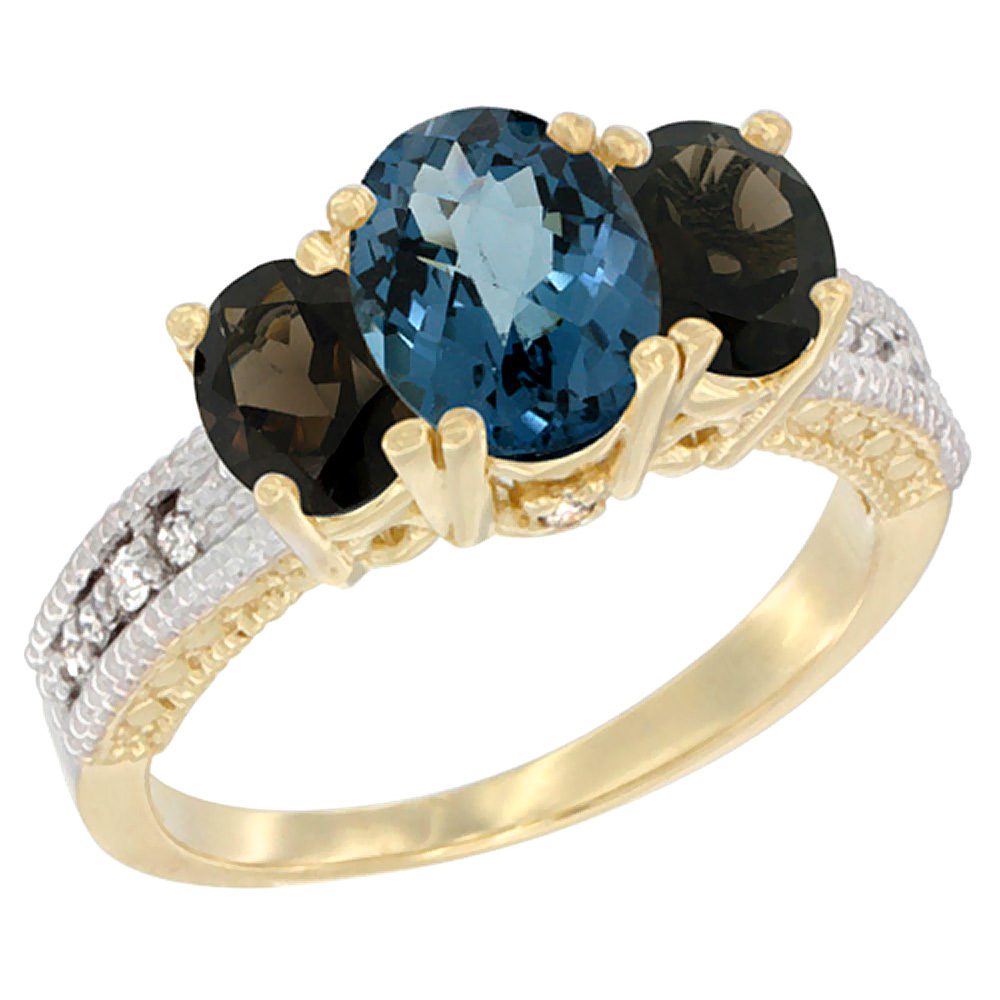 10K Yellow Gold Diamond Natural London Blue Topaz Ring Oval 3-stone with Smoky Topaz, sizes 5 - 10