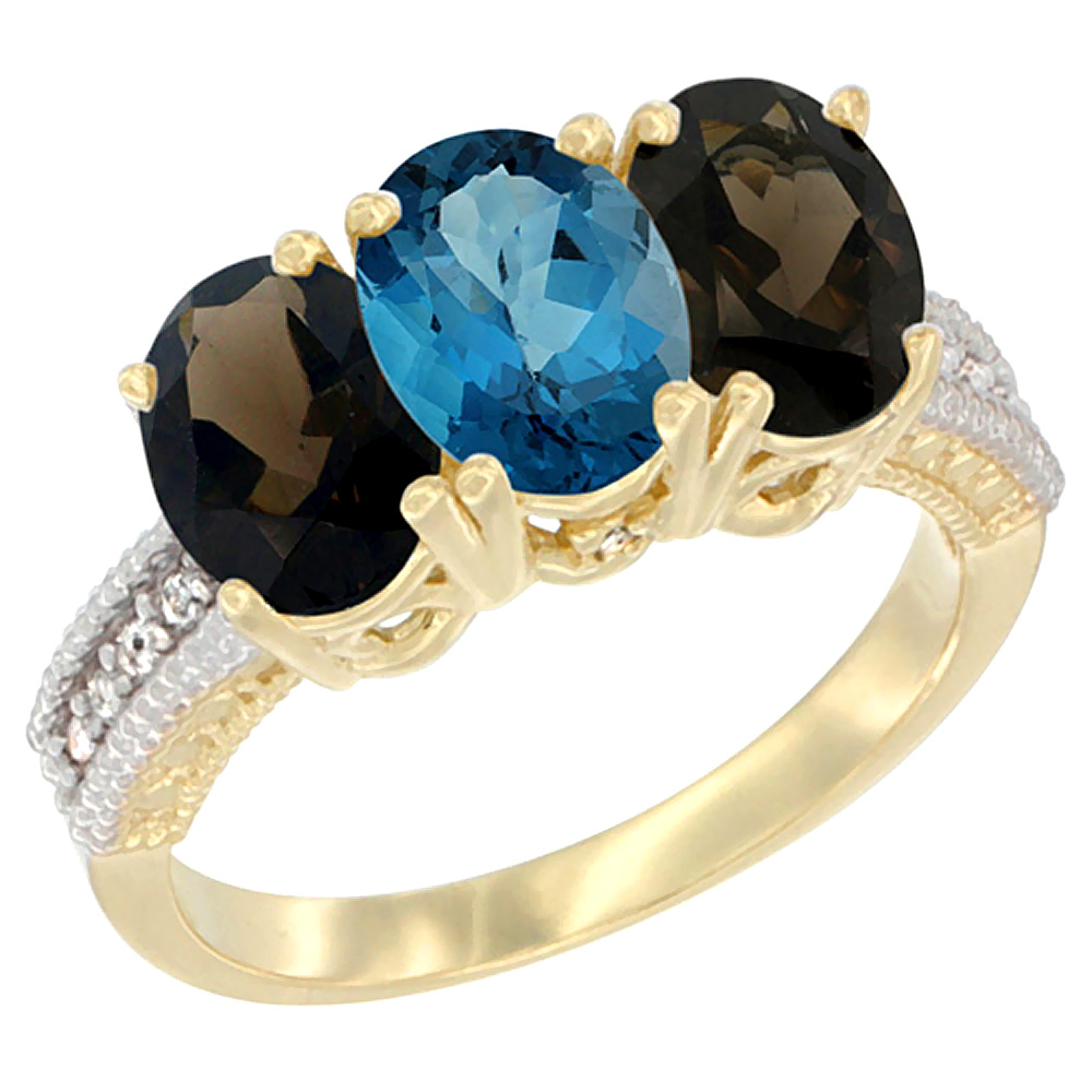 14K Yellow Gold Natural London Blue Topaz & Smoky Topaz Ring 3-Stone 7x5 mm Oval Diamond Accent, sizes 5 - 10