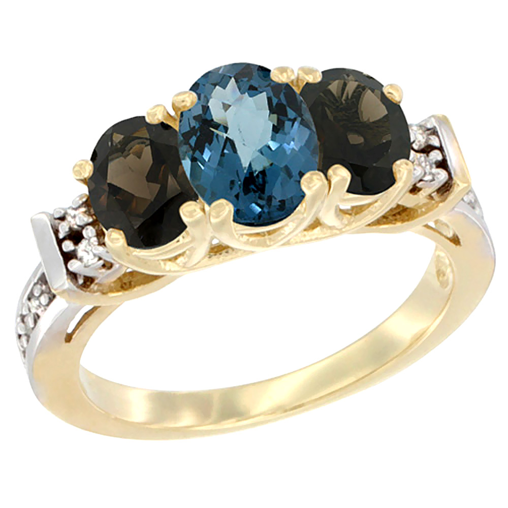 10K Yellow Gold Natural London Blue Topaz & Smoky Topaz Ring 3-Stone Oval Diamond Accent