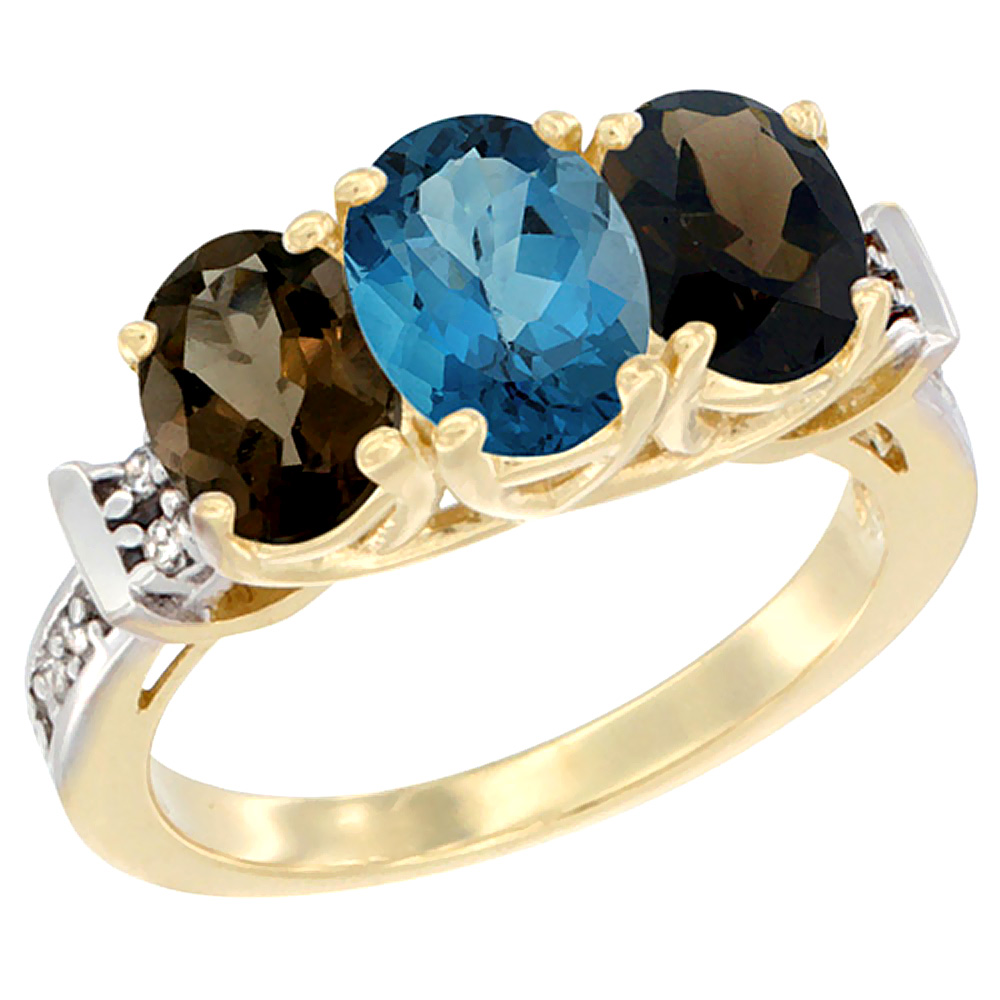 10K Yellow Gold Natural London Blue Topaz &amp; Smoky Topaz Sides Ring 3-Stone Oval Diamond Accent, sizes 5 - 10