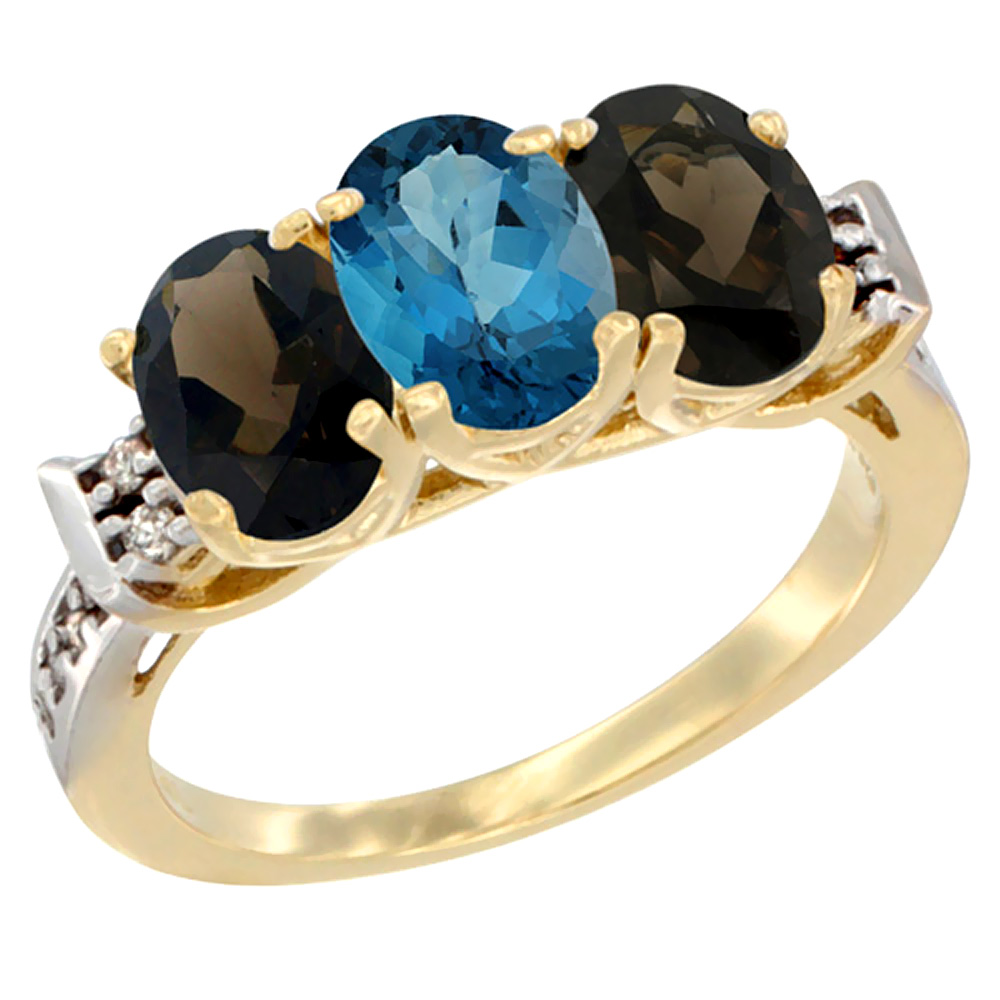 14K Yellow Gold Natural London Blue Topaz & Smoky Topaz Sides Ring 3-Stone Oval 7x5 mm Diamond Accent, sizes 5 - 10