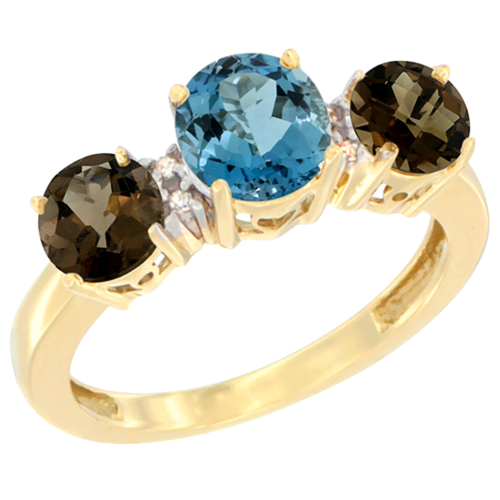 14K Yellow Gold Round 3-Stone Natural London Blue Topaz Ring &amp; Smoky Topaz Sides Diamond Accent, sizes 5 - 10