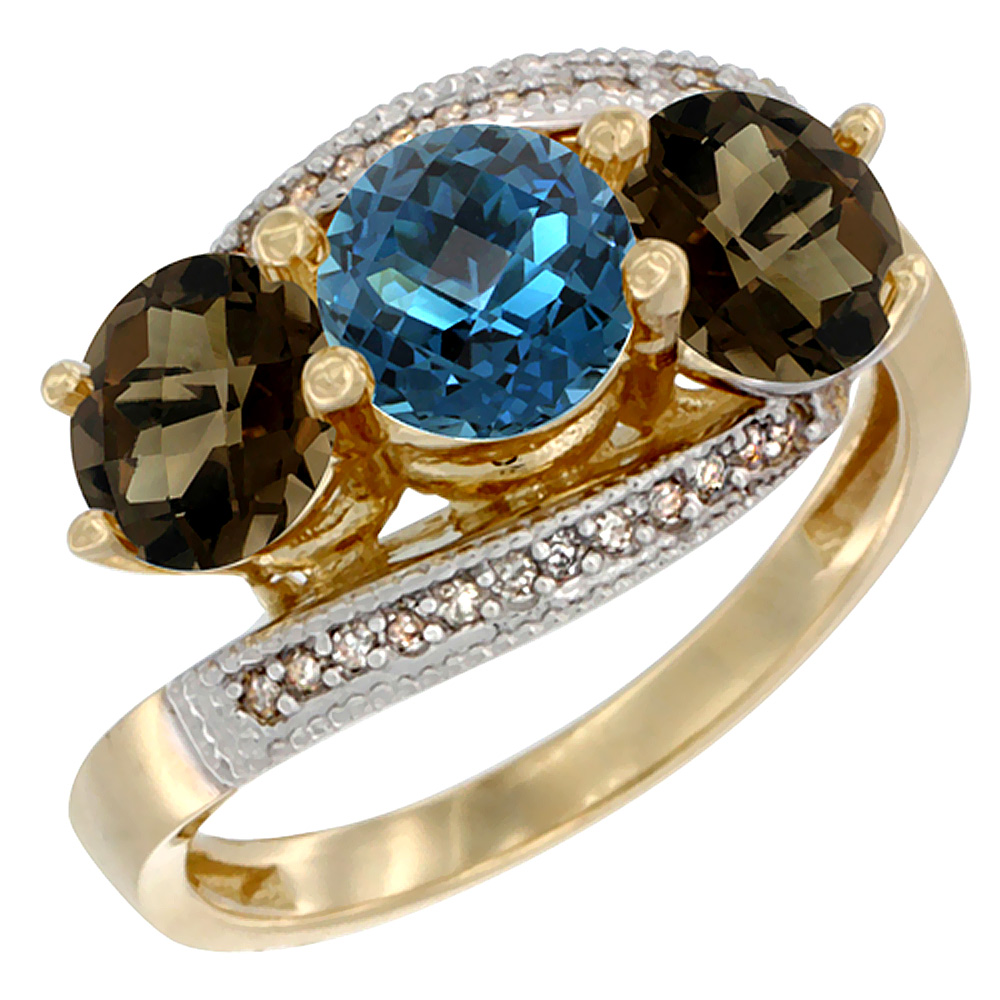 10K Yellow Gold Natural London Blue Topaz &amp; Smoky Topaz Sides 3 stone Ring Round 6mm Diamond Accent, sizes 5 - 10