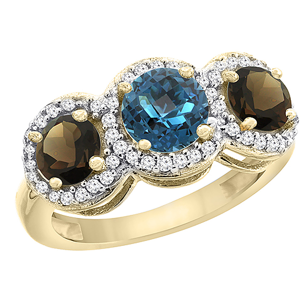 10K Yellow Gold Natural London Blue Topaz &amp; Smoky Topaz Sides Round 3-stone Ring Diamond Accents, sizes 5 - 10