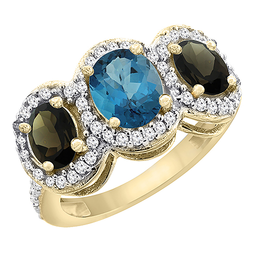 14K Yellow Gold Natural London Blue Topaz & Smoky Topaz 3-Stone Ring Oval Diamond Accent, sizes 5 - 10