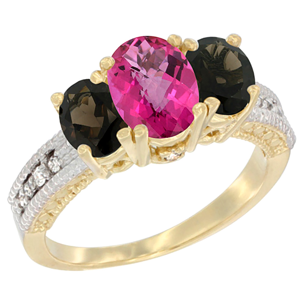 10K Yellow Gold Diamond Natural Pink Topaz Ring Oval 3-stone with Smoky Topaz, sizes 5 - 10