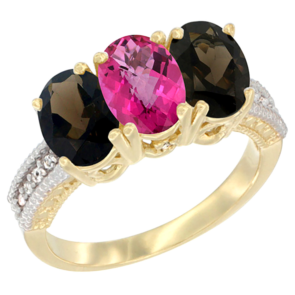 14K Yellow Gold Natural Pink Topaz & Smoky Topaz Ring 3-Stone 7x5 mm Oval Diamond Accent, sizes 5 - 10