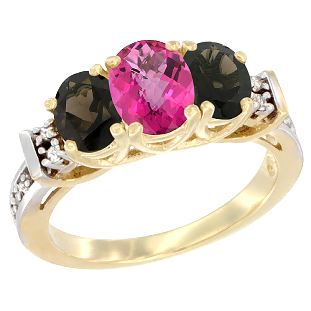 10K Yellow Gold Natural Pink Topaz & Smoky Topaz Ring 3-Stone Oval Diamond Accent