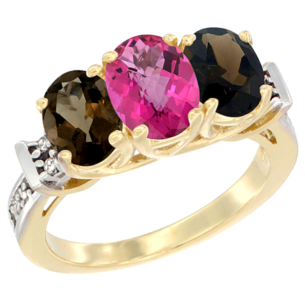 14K Yellow Gold Natural Pink Topaz & Smoky Topaz Sides Ring 3-Stone Oval Diamond Accent, sizes 5 - 10