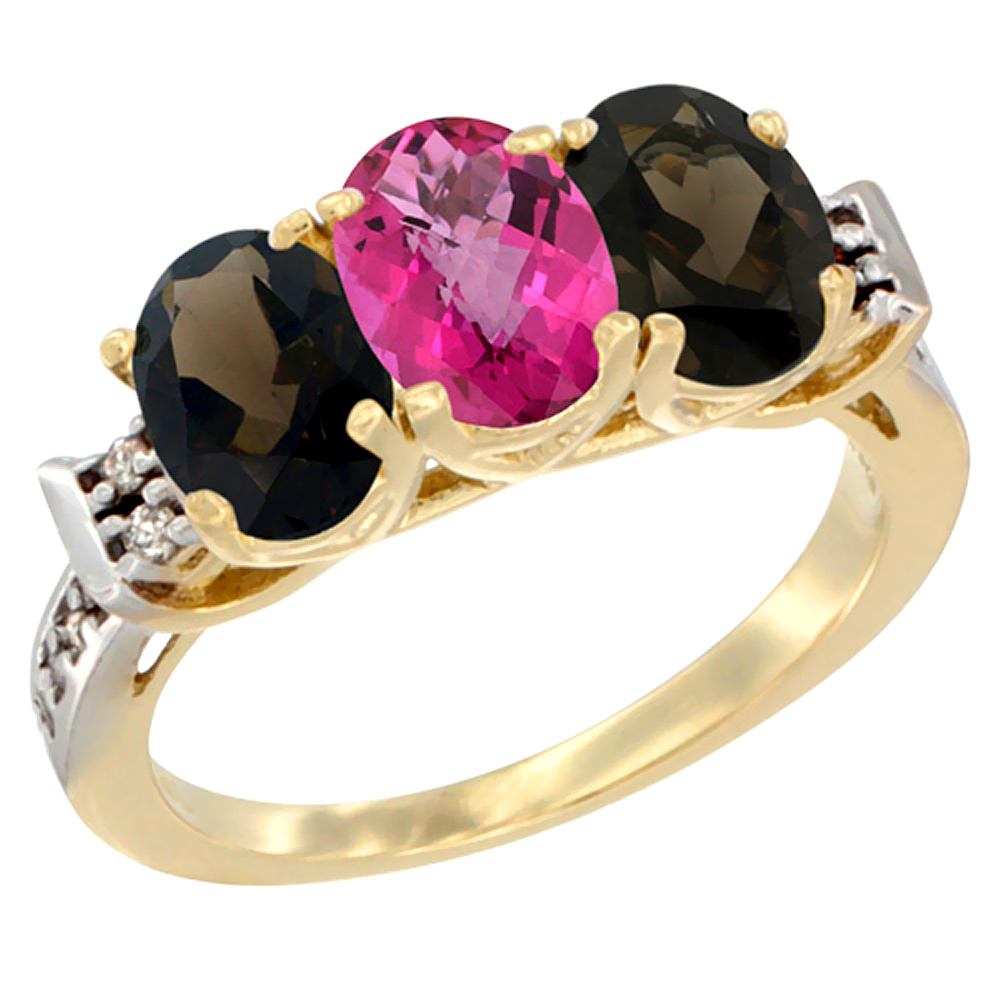 10K Yellow Gold Natural Pink Topaz &amp; Smoky Topaz Sides Ring 3-Stone Oval 7x5 mm Diamond Accent, sizes 5 - 10