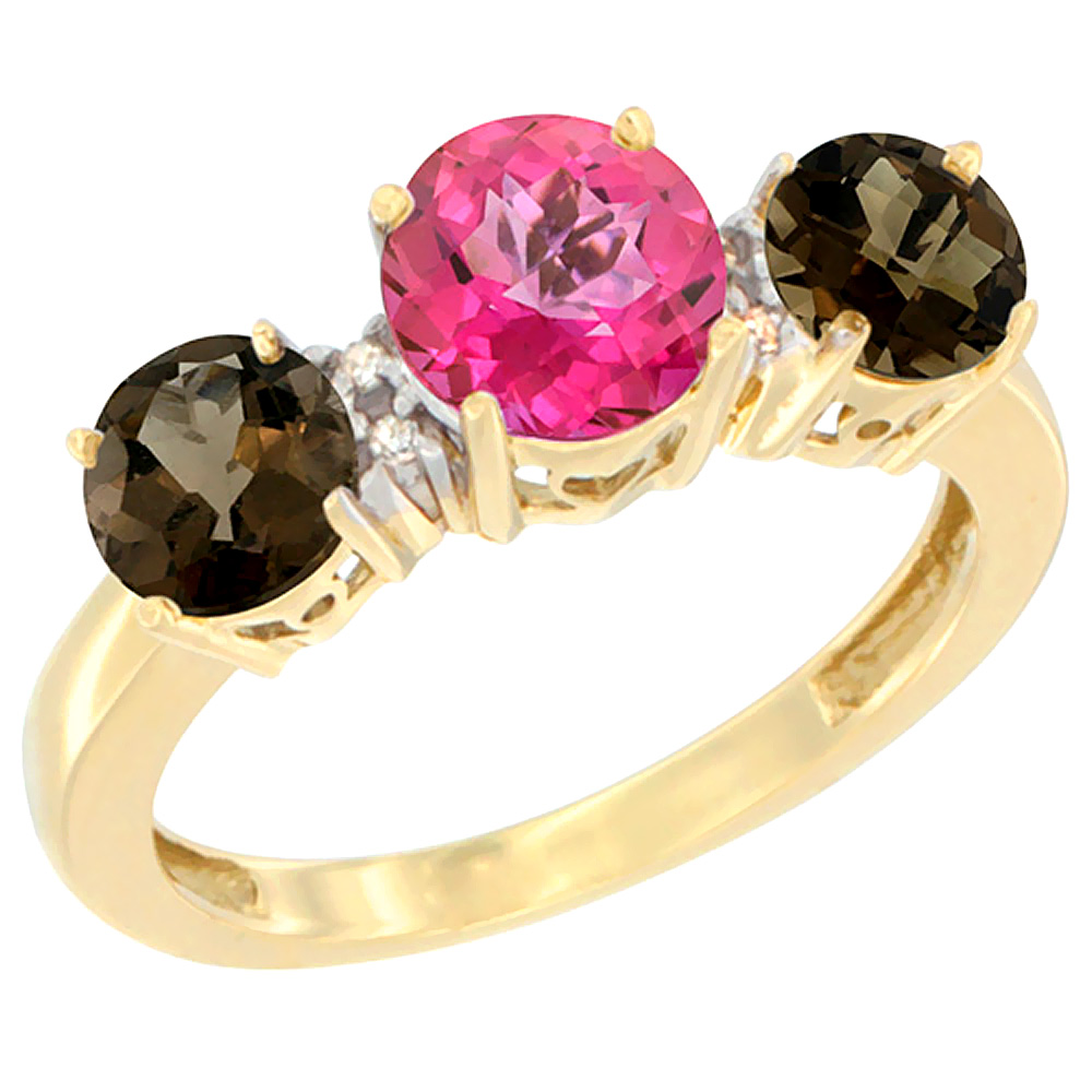 14K Yellow Gold Round 3-Stone Natural Pink Topaz Ring &amp; Smoky Topaz Sides Diamond Accent, sizes 5 - 10