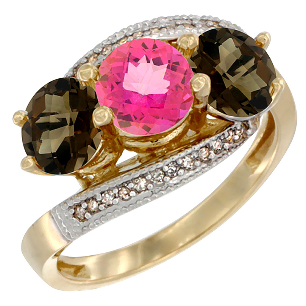 10K Yellow Gold Natural Pink Topaz &amp; Smoky Topaz Sides 3 stone Ring Round 6mm Diamond Accent, sizes 5 - 10