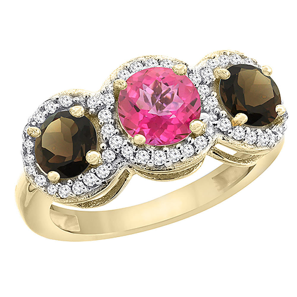 10K Yellow Gold Natural Pink Topaz &amp; Smoky Topaz Sides Round 3-stone Ring Diamond Accents, sizes 5 - 10