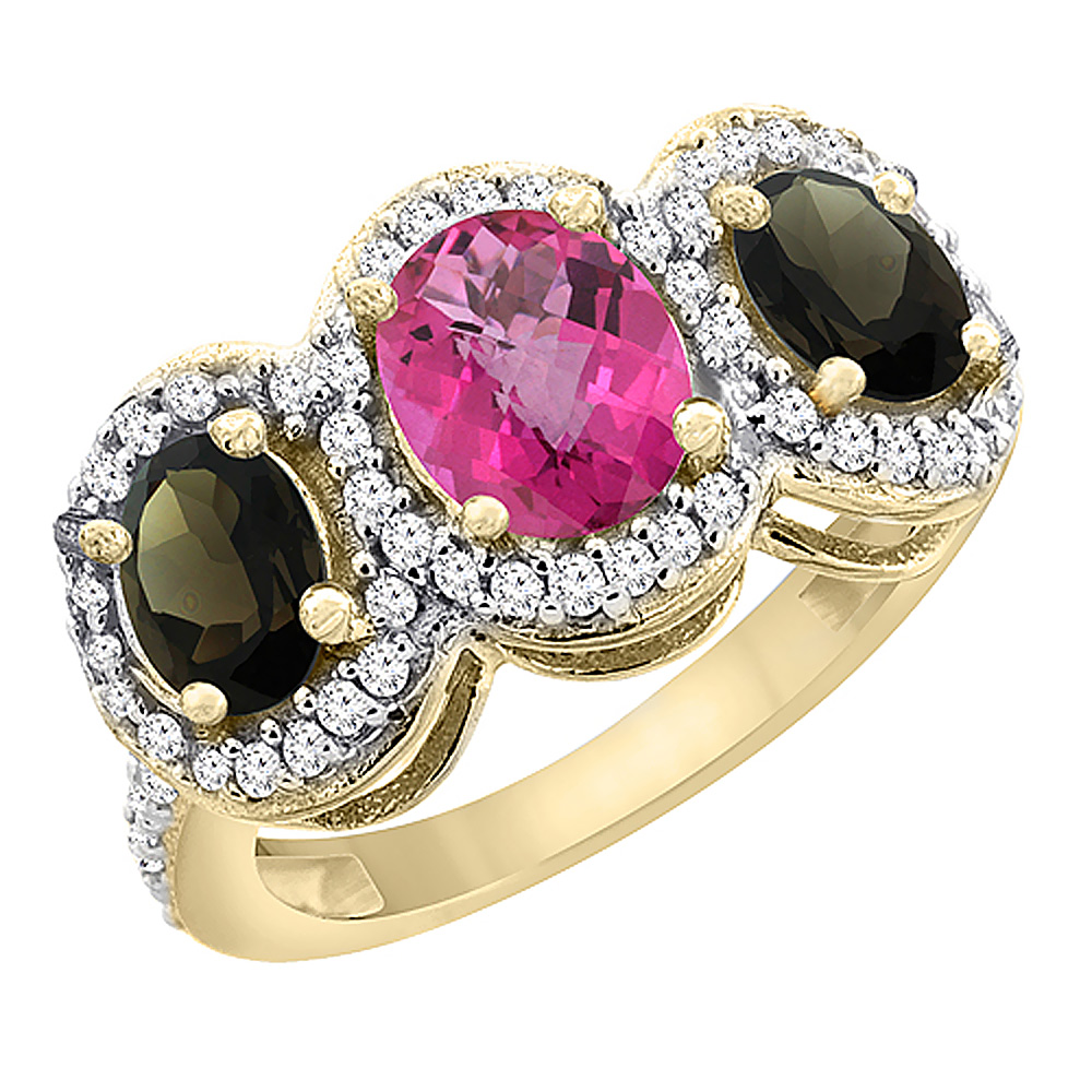 14K Yellow Gold Natural Pink Topaz &amp; Smoky Topaz 3-Stone Ring Oval Diamond Accent, sizes 5 - 10