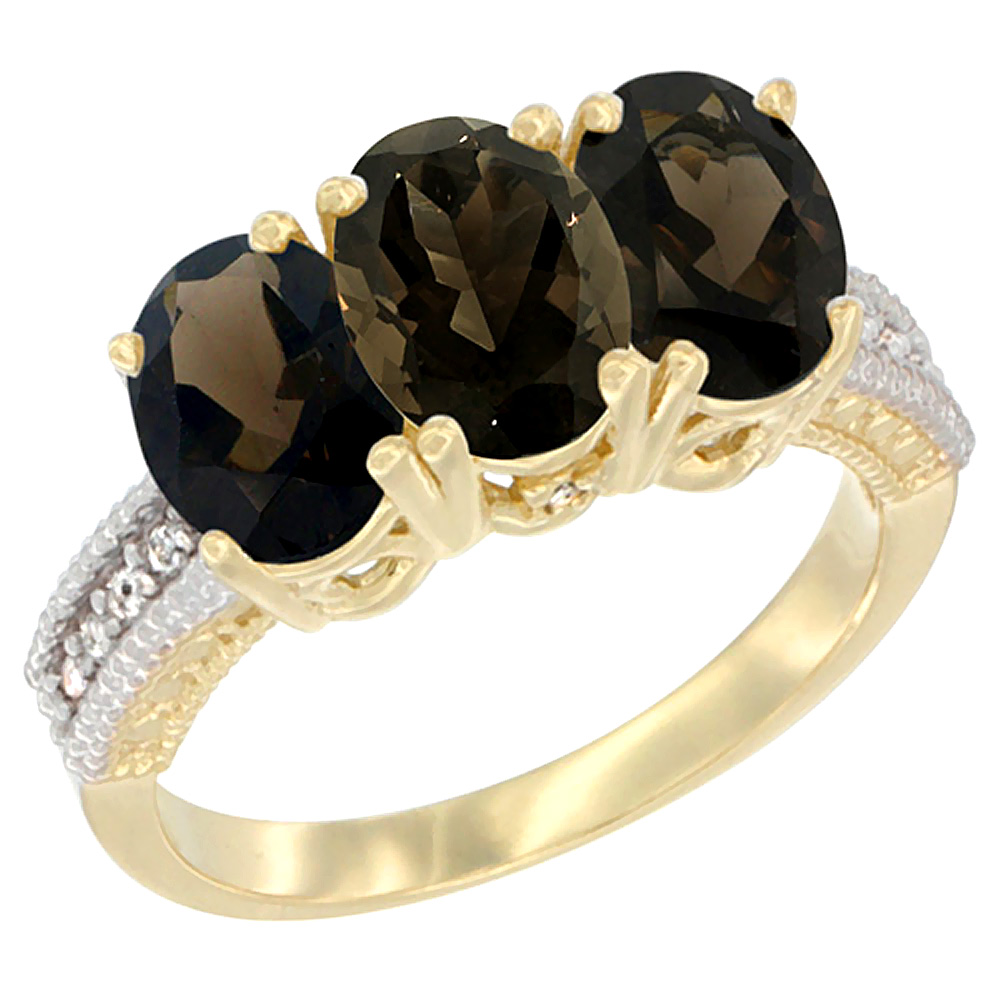 14K Yellow Gold Natural Smoky Topaz Ring 3-Stone 7x5 mm Oval Diamond Accent, sizes 5 - 10