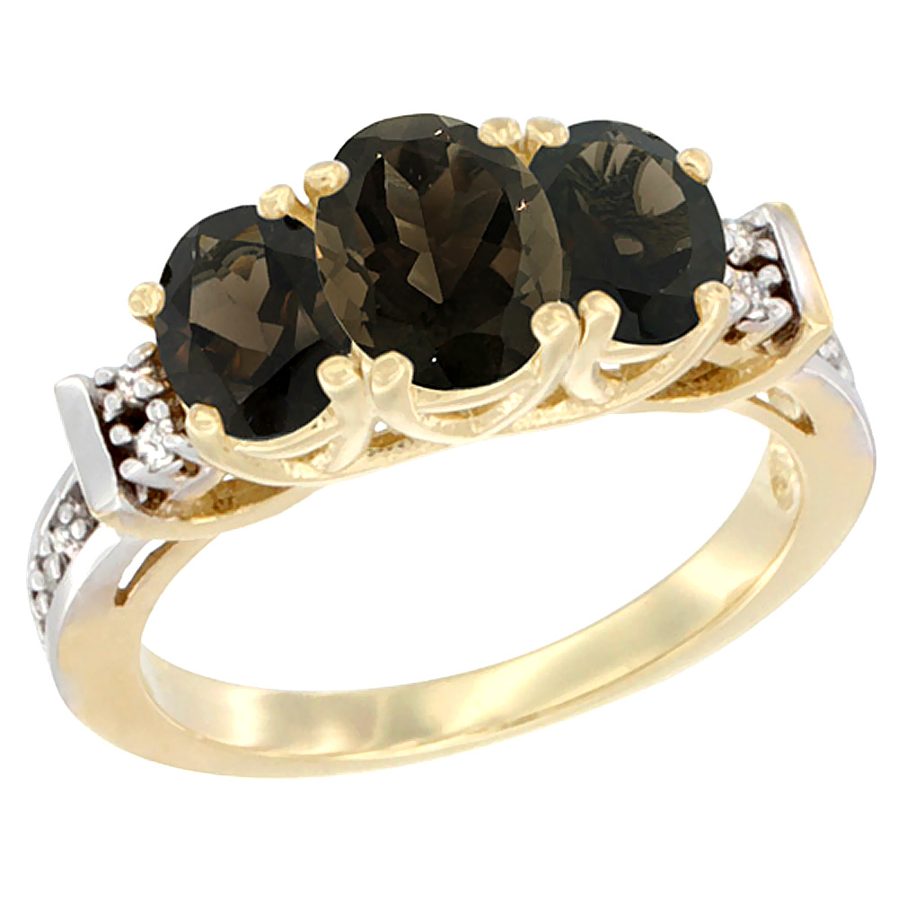 14K Yellow Gold Natural Smoky Topaz Ring 3-Stone Oval Diamond Accent
