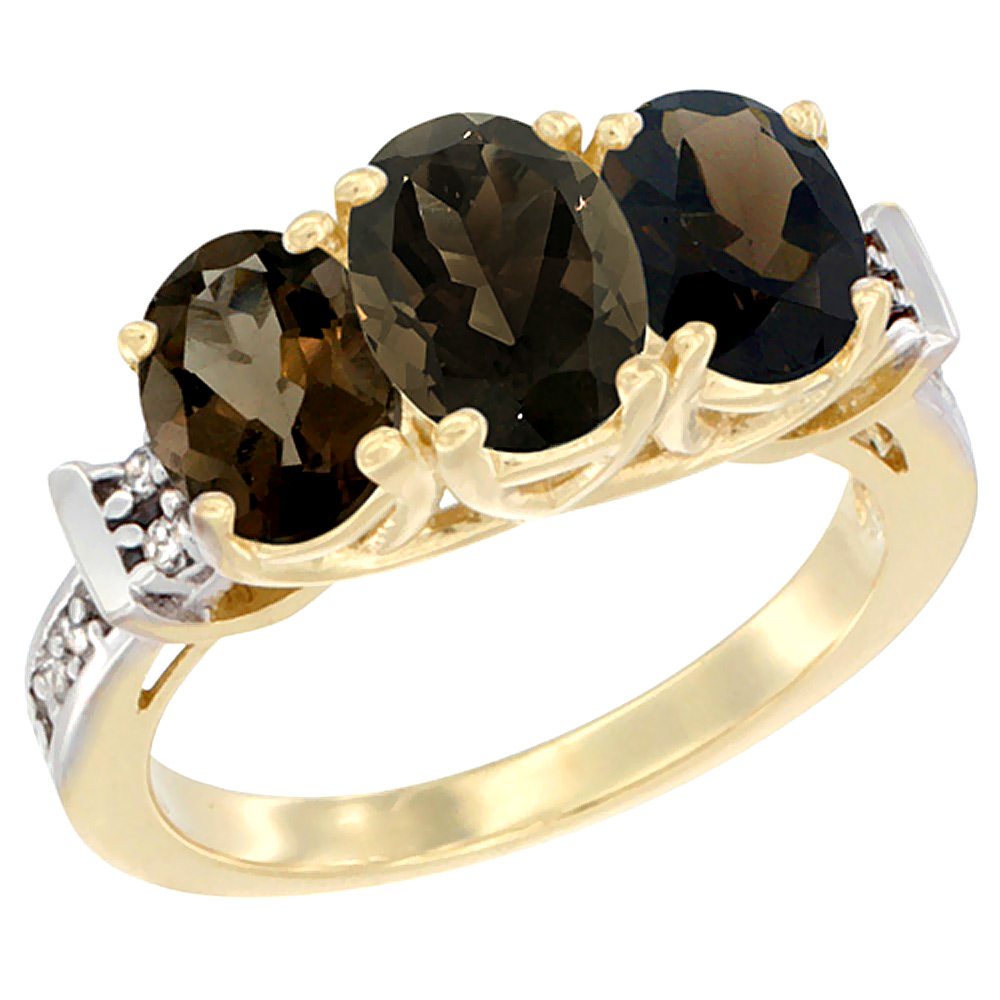 10K Yellow Gold Natural Smoky Topaz Ring 3-Stone Oval Diamond Accent, sizes 5 - 10