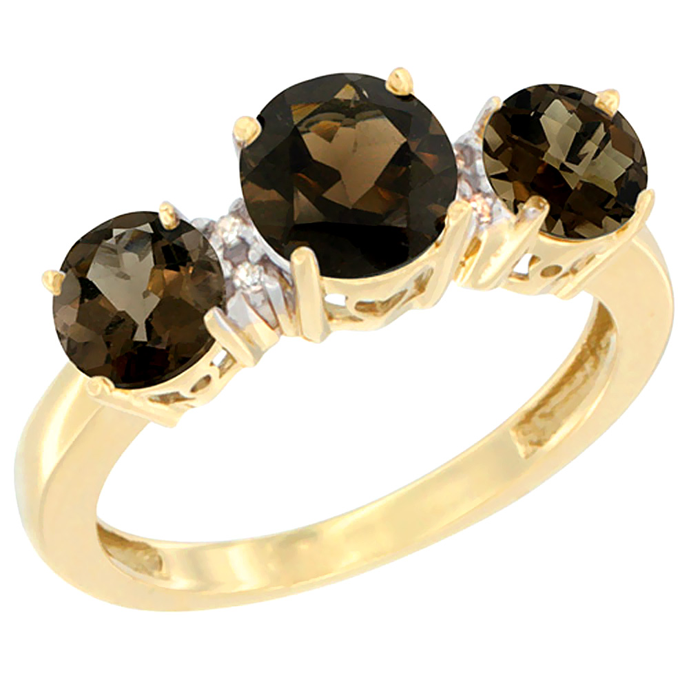 10K Yellow Gold Round 3-Stone Natural Smoky Topaz Ring Diamond Accent, sizes 5 - 10