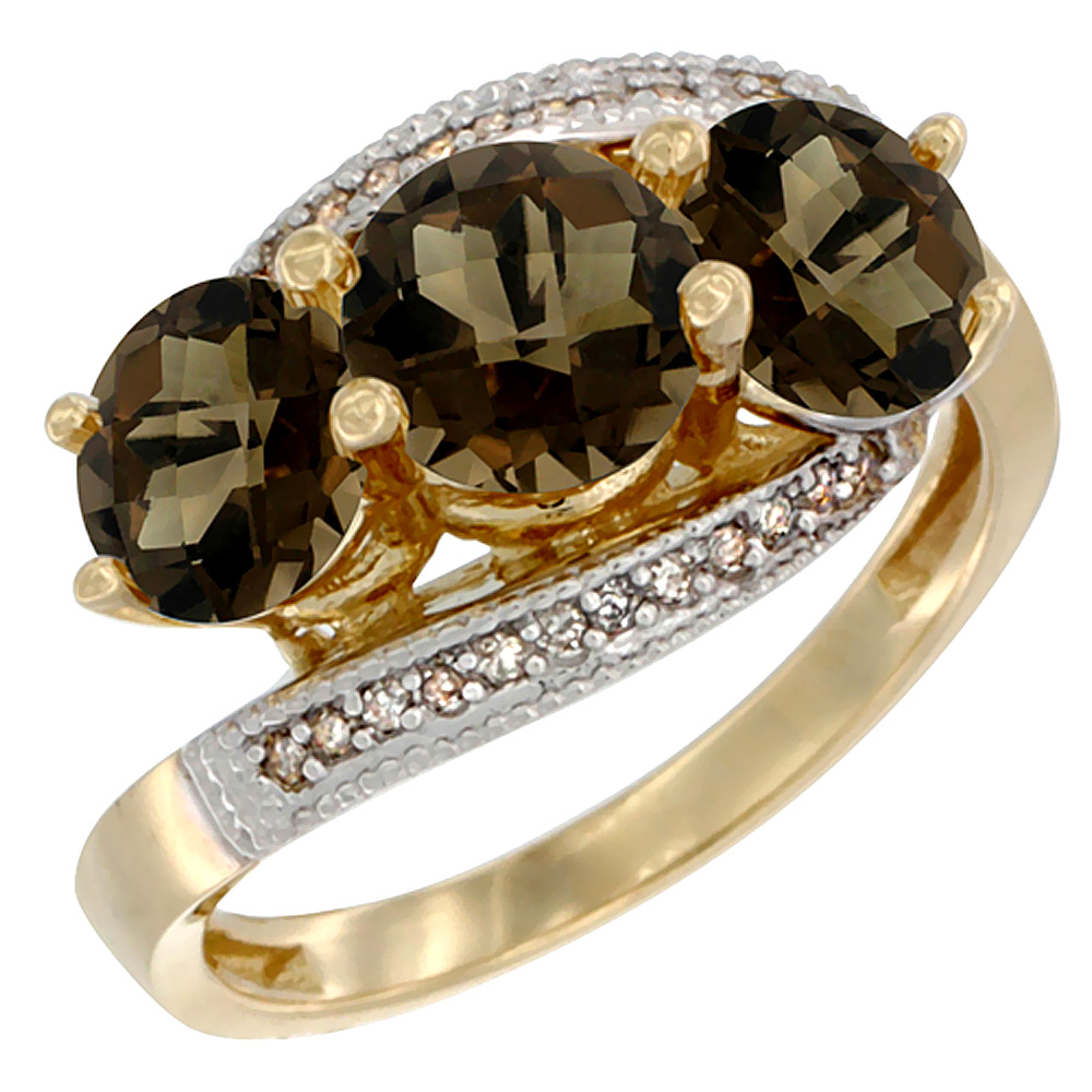 14K Yellow Gold Natural Smoky Topaz 3 stone Ring Round 6mm Diamond Accent, sizes 5 - 10