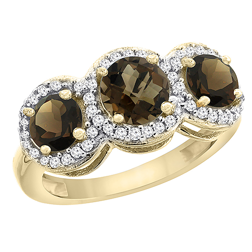 10K Yellow Gold Natural Smoky Topaz Round 3-stone Ring Diamond Accents, sizes 5 - 10