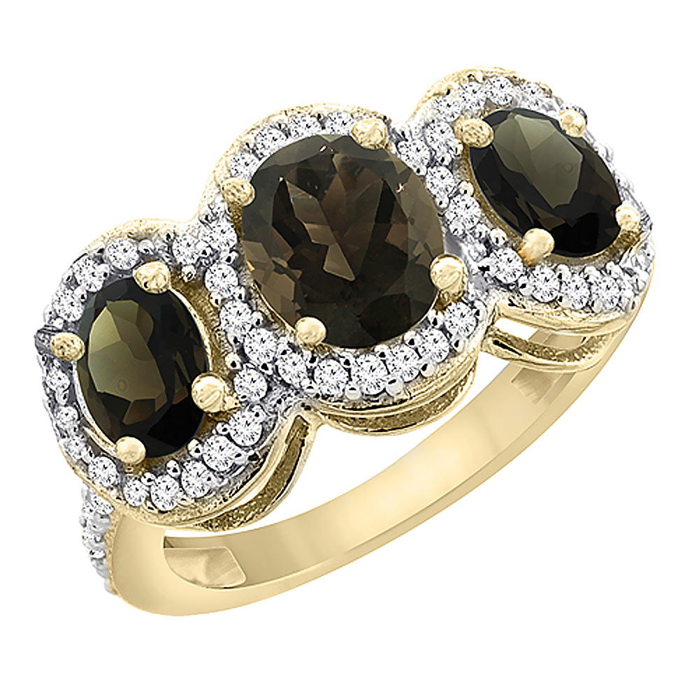 10K Yellow Gold Natural Smoky Topaz 3-Stone Ring Oval Diamond Accent, sizes 5 - 10