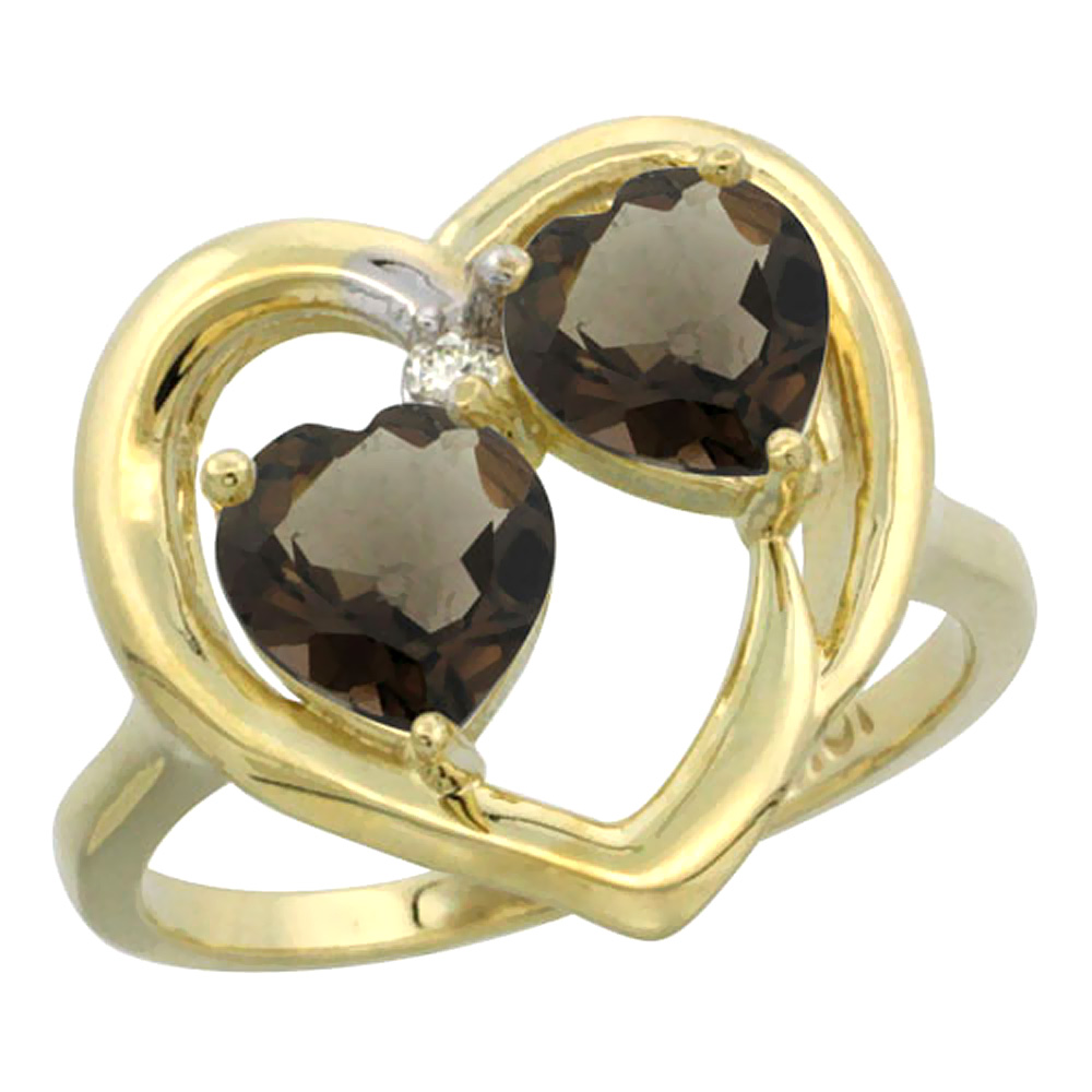 10K Yellow Gold Diamond Two-stone Heart Ring 6mm Natural Smoky Topaz, sizes 5-10