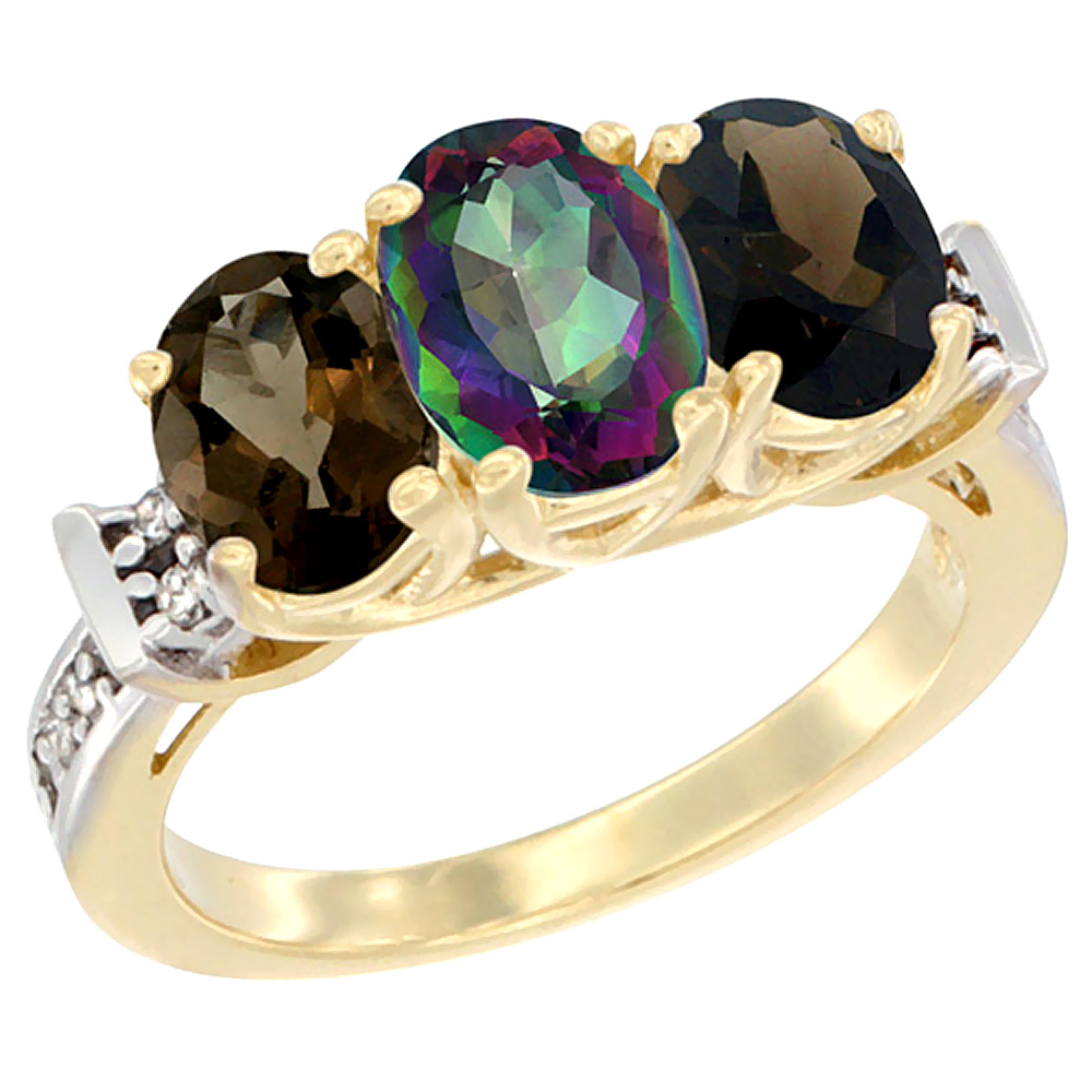 10K Yellow Gold Natural Mystic Topaz &amp; Smoky Topaz Sides Ring 3-Stone Oval Diamond Accent, sizes 5 - 10