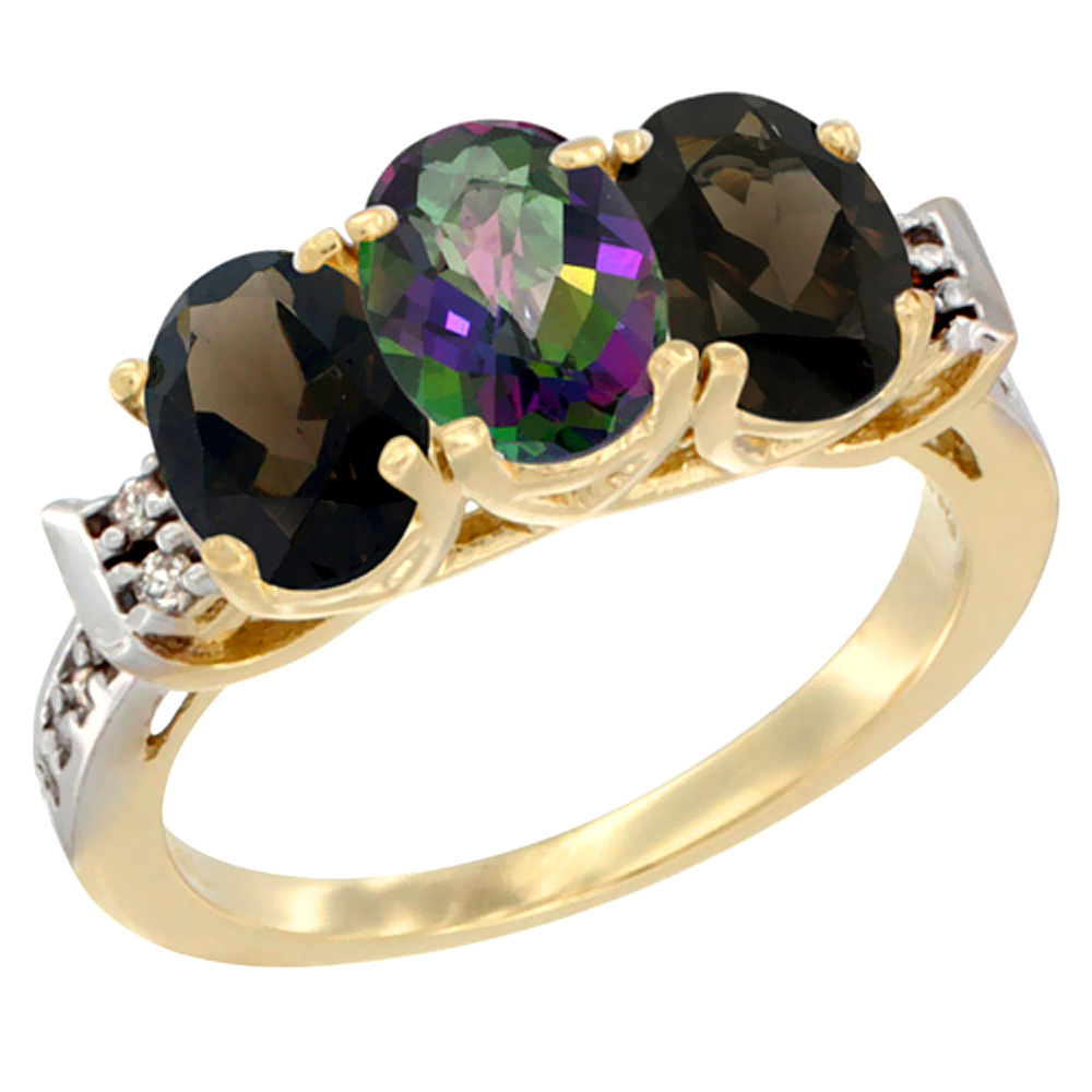 10K Yellow Gold Natural Mystic Topaz &amp; Smoky Topaz Sides Ring 3-Stone Oval 7x5 mm Diamond Accent, sizes 5 - 10