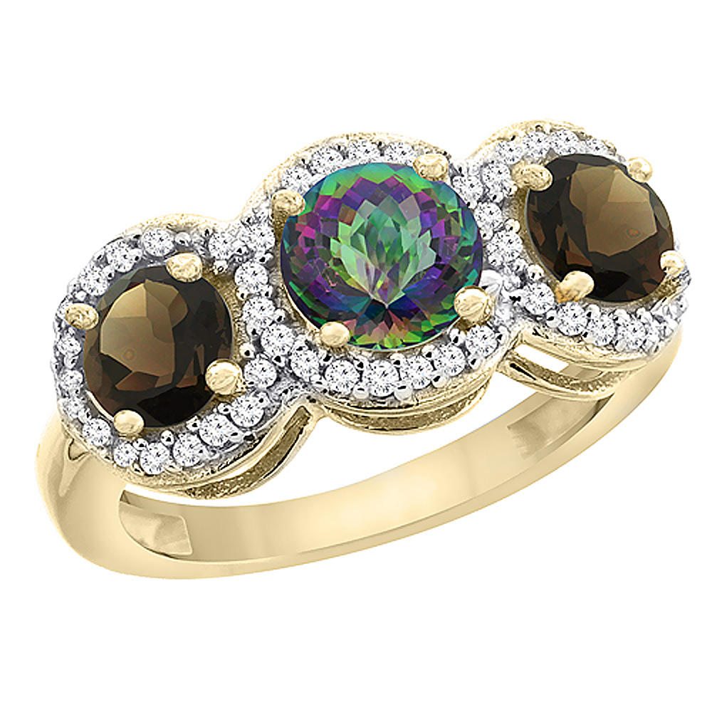 10K Yellow Gold Natural Mystic Topaz & Smoky Topaz Sides Round 3-stone Ring Diamond Accents, sizes 5 - 10