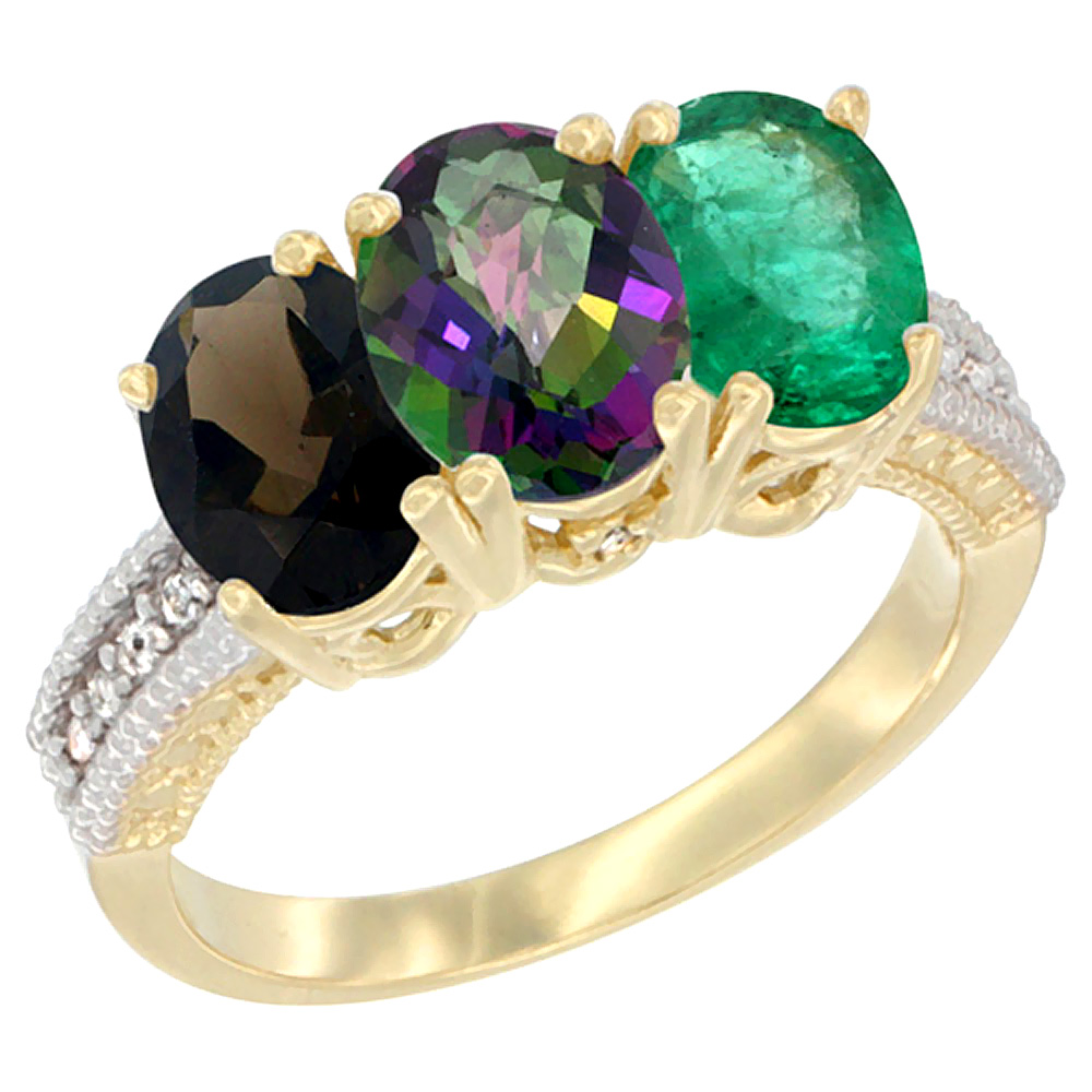 14K Yellow Gold Natural Smoky Topaz, Mystic Topaz &amp; Emerald Ring 3-Stone 7x5 mm Oval Diamond Accent, sizes 5 - 10