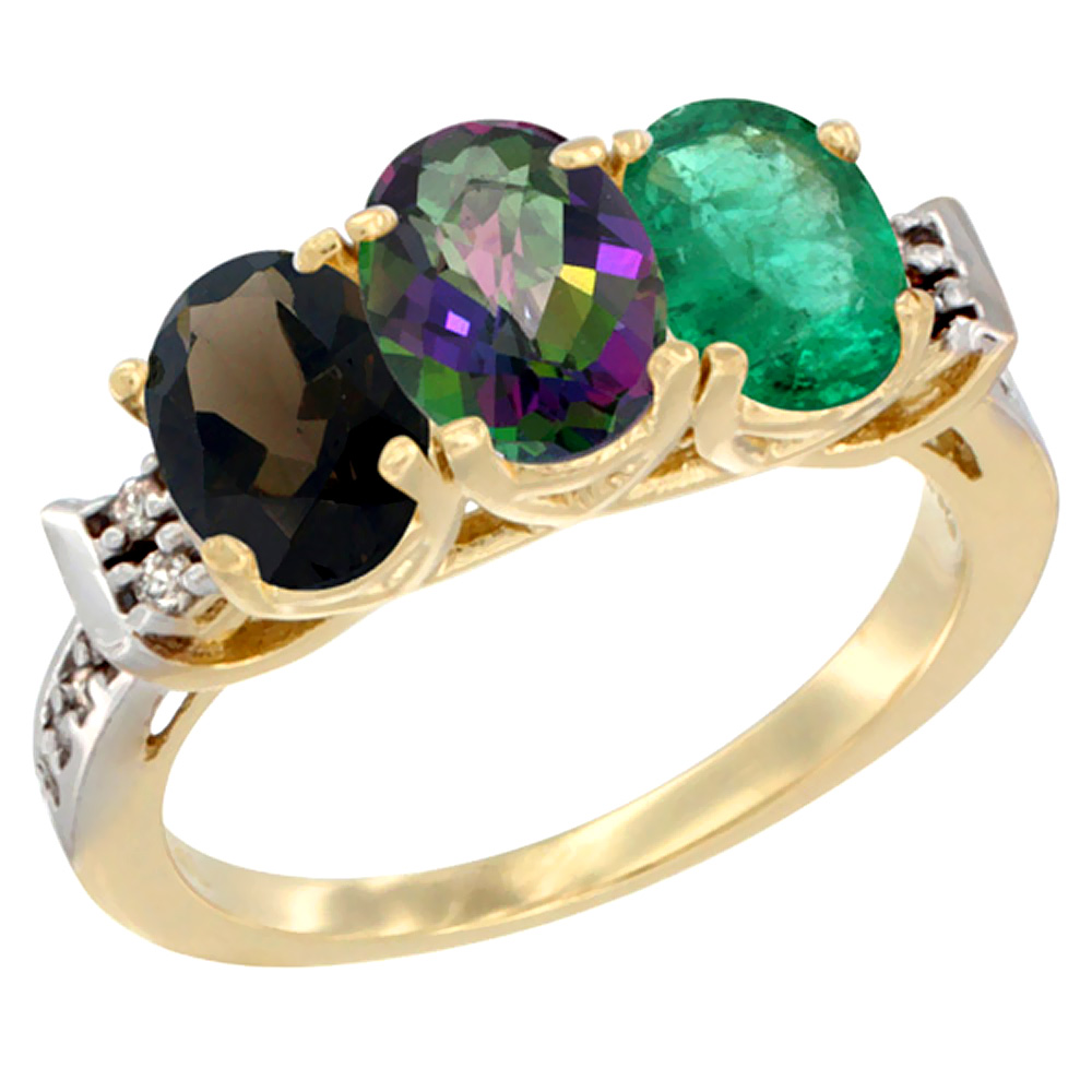 10K Yellow Gold Natural Smoky Topaz, Mystic Topaz &amp; Emerald Ring 3-Stone Oval 7x5 mm Diamond Accent, sizes 5 - 10